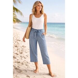 Talbots Linen Blend Chambray Tie Waist Pull on Capri Pants Size 8 Blue Nautical